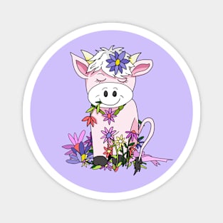 kawaii pink cow eating pretty flowers Magnet